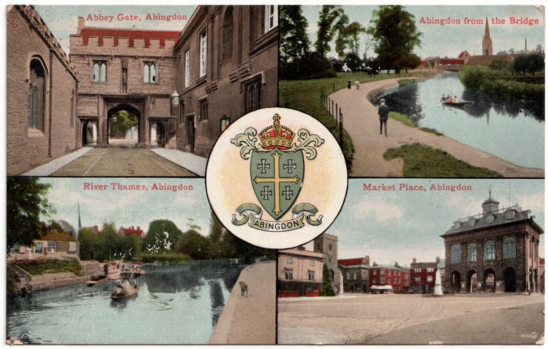 The front of an old postcard. The postcard is of Abingdon: n/a