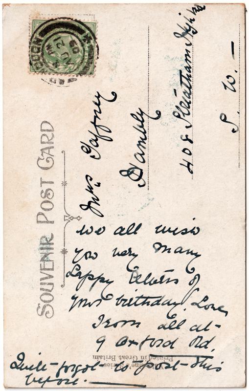 The reverse of an old postcard. The postcard is of Abingdon: n/a