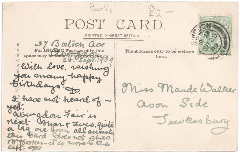 The reverse of an old postcard. The postcard is of Abingdon: Marketplace