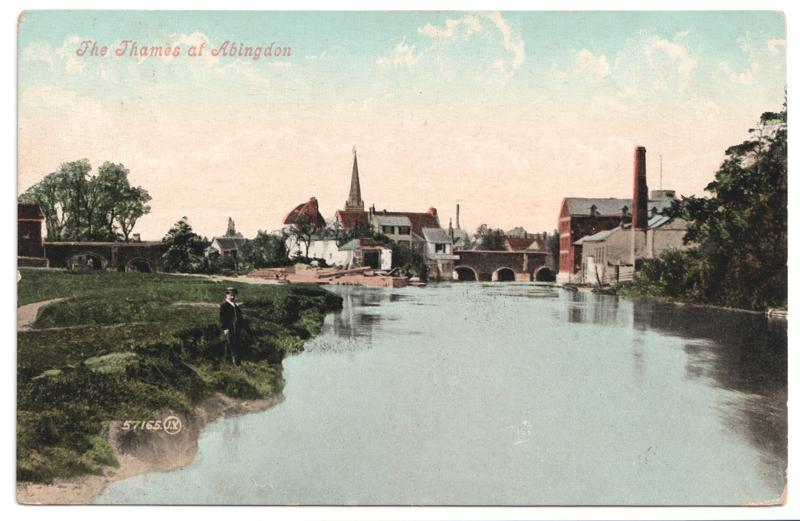 The front of an old postcard. The postcard is of Abingdon: The Bridge