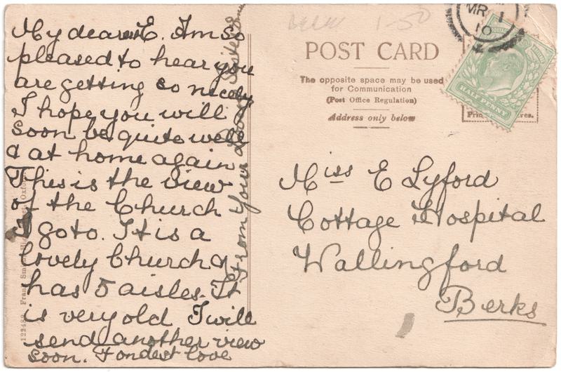 The reverse of an old postcard. The postcard is of Abingdon: St. Helen's Church and the Almshouses