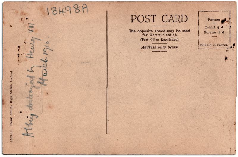 The reverse of an old postcard. The postcard is of Abingdon: Abbey Gateway