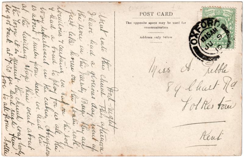 The reverse of an old postcard. The postcard is of Abingdon: St. Helen's Church and the Almshouses