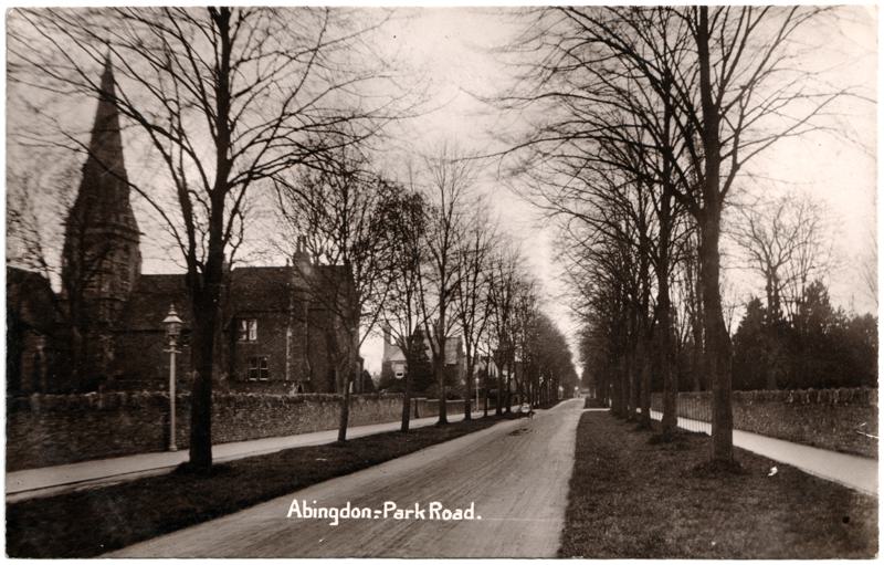 The front of an old postcard. The postcard is of Abingdon: Albert Park and Abingdon School