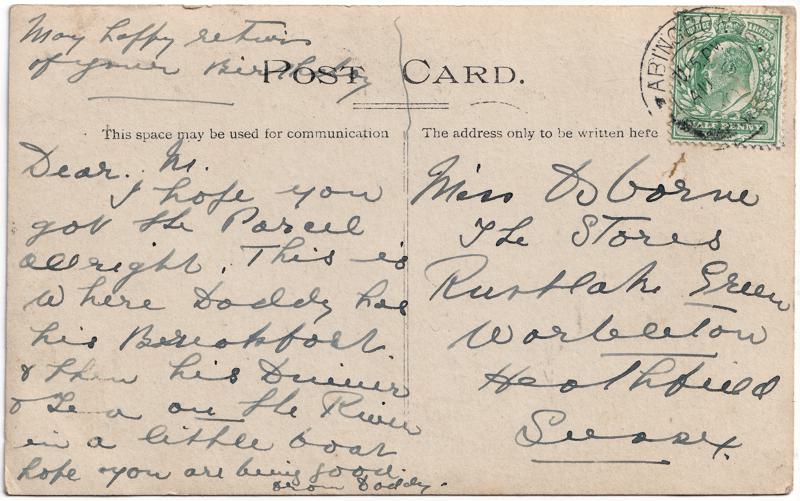 The reverse of an old postcard. The postcard is of Abingdon: The Bridge