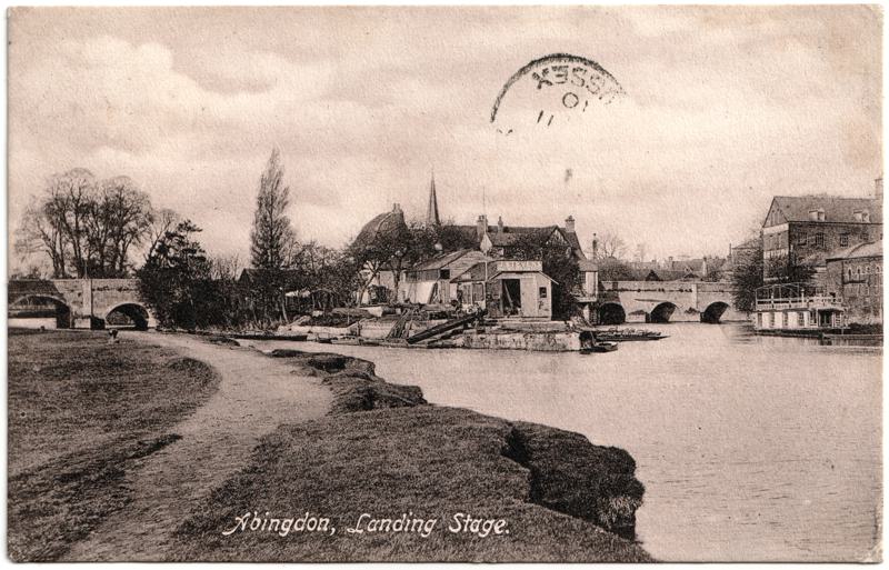 The front of an old postcard. The postcard is of Abingdon: The Bridge