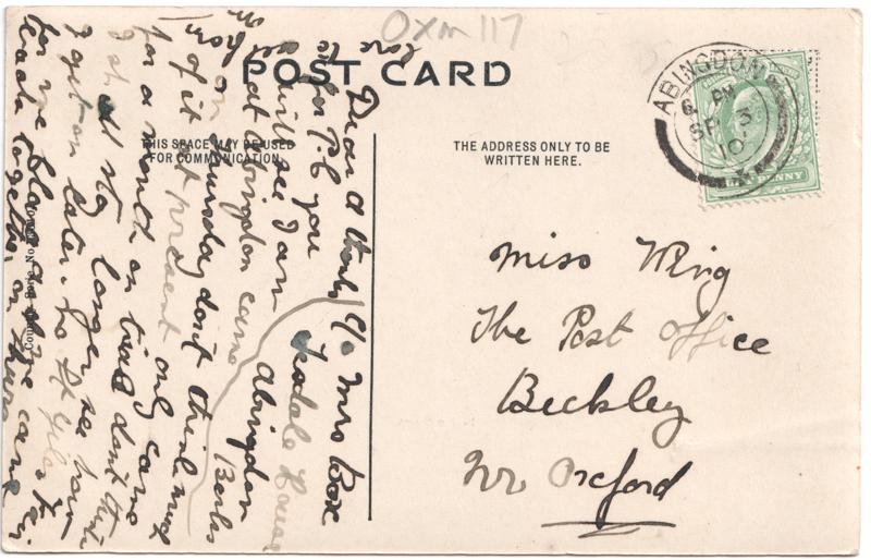 The reverse of an old postcard. The postcard is of Abingdon: Town Centre Streets