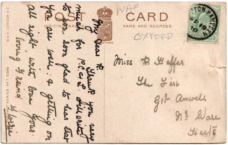 The reverse of an old postcard. The postcard is of Abingdon: Abbey Gateway