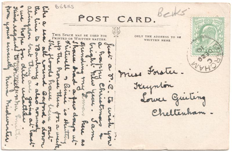 The reverse of an old postcard. The postcard is of Abingdon: Abbey Gateway