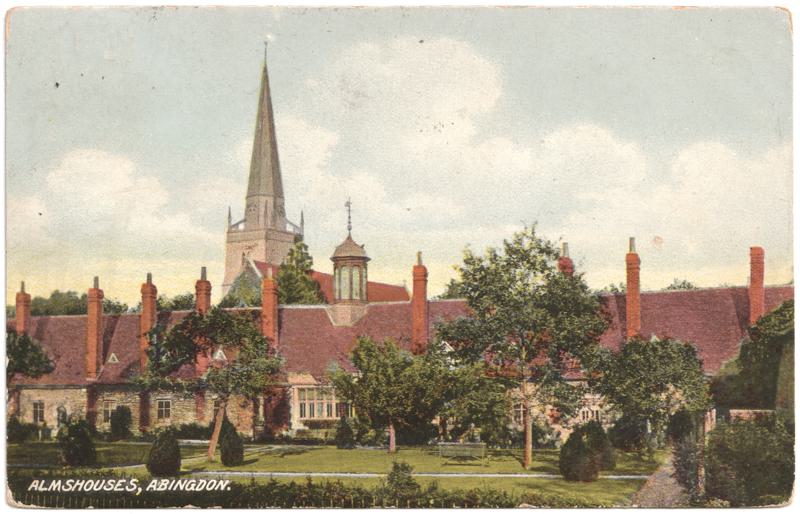 The front of an old postcard. The postcard is of Abingdon: St. Helen's Church and the Almshouses