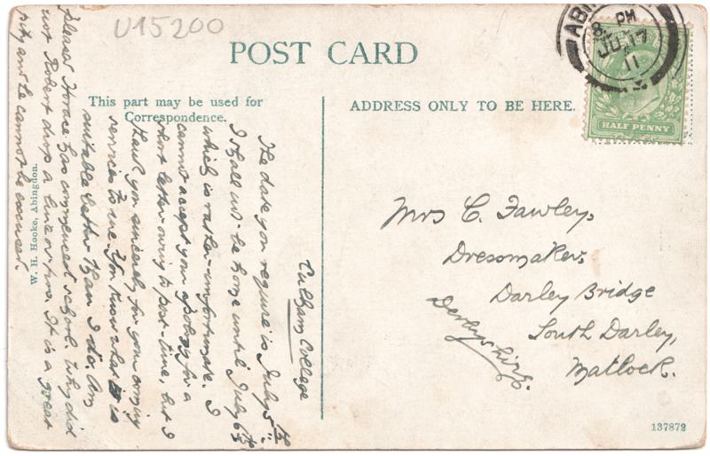 The reverse of an old postcard. The postcard is of Abingdon: St. Helen's Church and the Almshouses