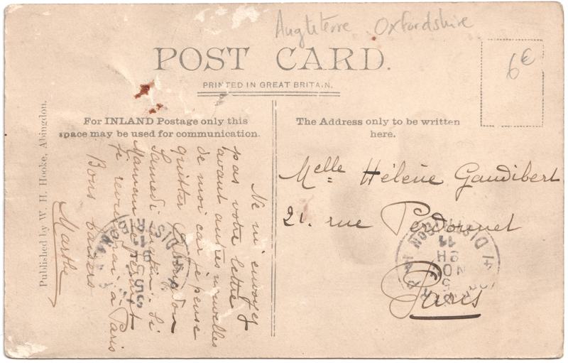 The reverse of an old postcard. The postcard is of Abingdon: Marketplace