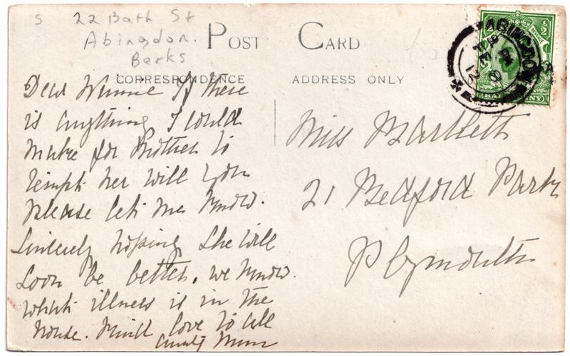 The reverse of an old postcard. The postcard is of Abingdon: Town Centre Streets