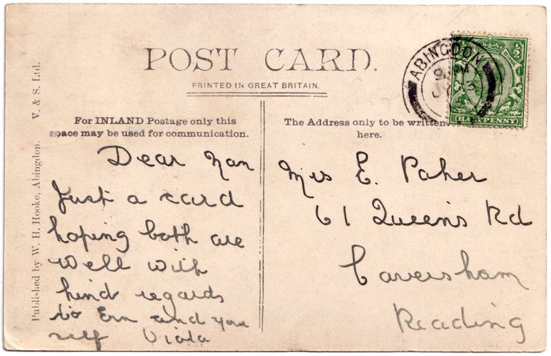 The reverse of an old postcard. The postcard is of Abingdon: The Bridge