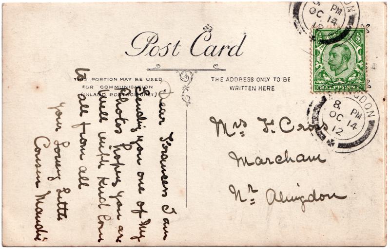 The reverse of an old postcard. The postcard is of Abingdon: Other Streets