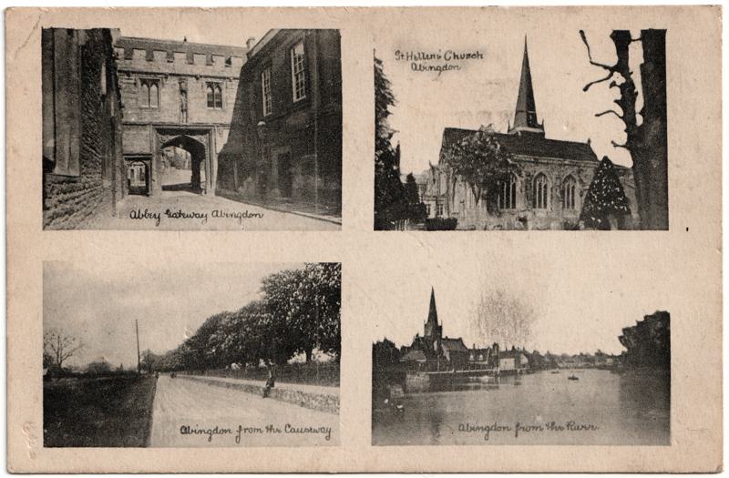 The front of an old postcard. The postcard is of Abingdon: n/a