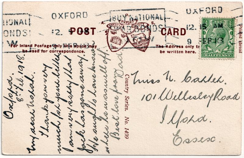 The reverse of an old postcard. The postcard is of Abingdon: Town Centre Streets