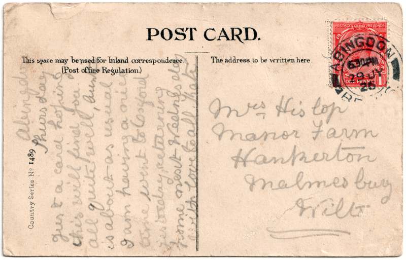 The reverse of an old postcard. The postcard is of Abingdon: Other local interest