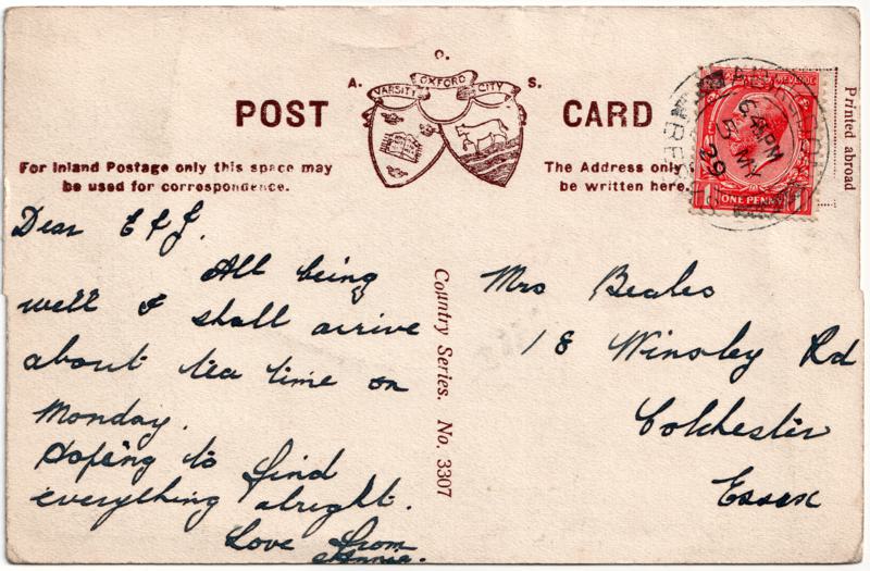 The reverse of an old postcard. The postcard is of Abingdon: Town Centre Streets