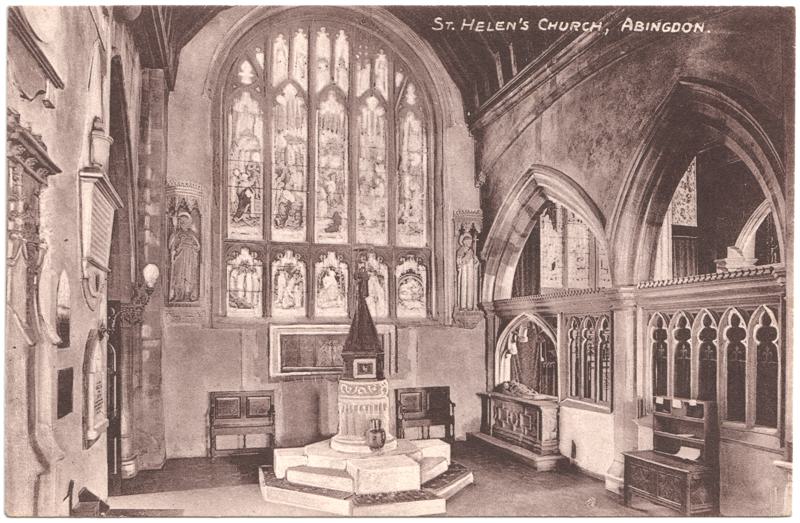 The front of an old postcard. The postcard is of Abingdon: St. Helen's Church and the Almshouses