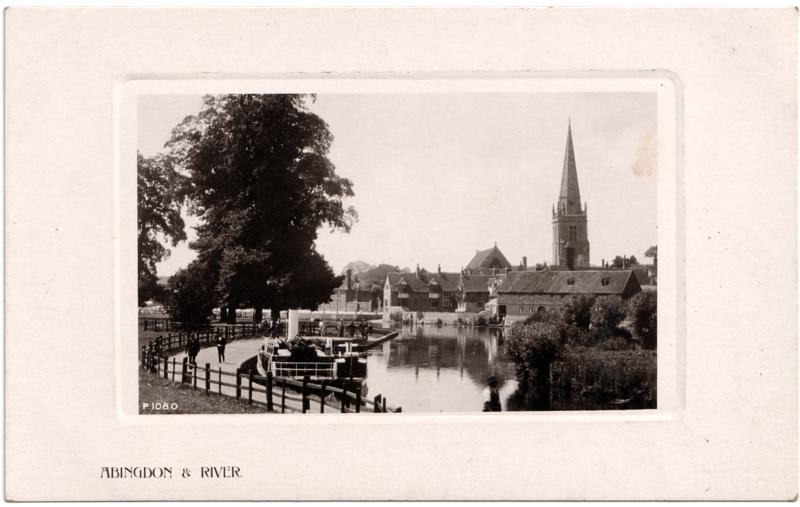 The front of an old postcard. The postcard is of Abingdon: River Thames