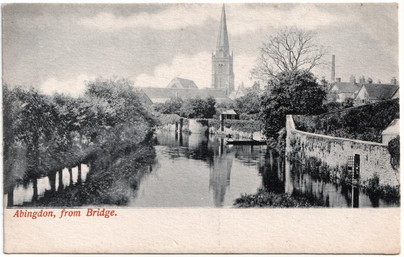 The front of an old postcard. The postcard is of Abingdon: River Thames