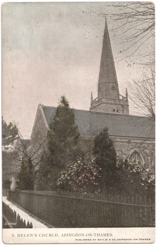 The front of an old postcard. The postcard is of Abingdon: St. Helen's Church and the Almshouses