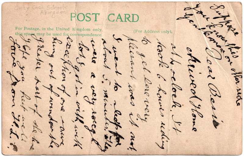 The reverse of an old postcard. The postcard is of Abingdon: Other local interest