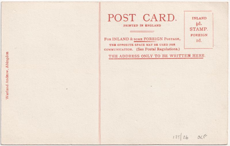 The reverse of an old postcard. The postcard is of Abingdon: Other local interest