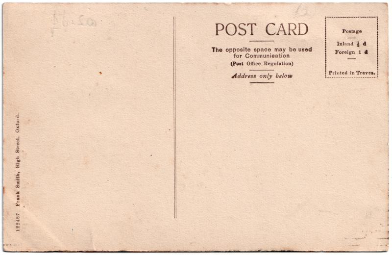 The reverse of an old postcard. The postcard is of Abingdon: Town Centre Streets