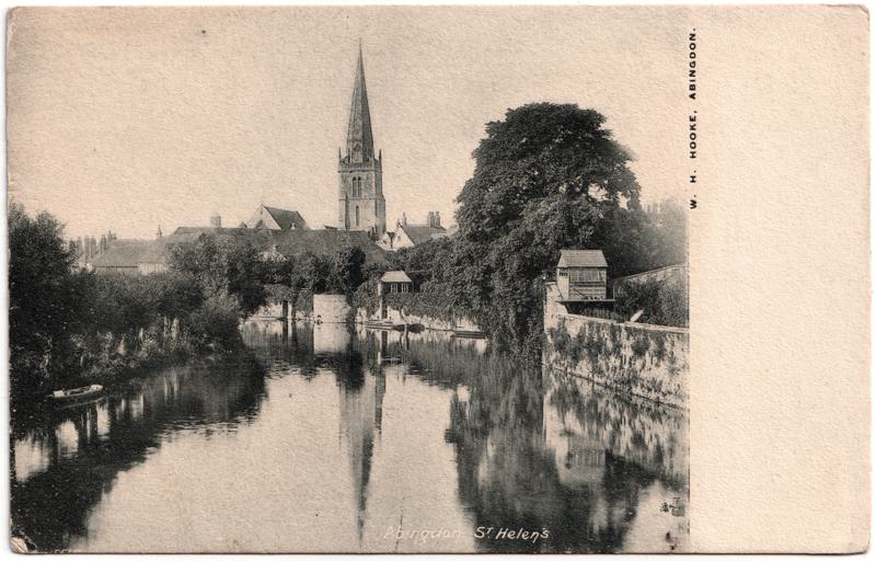 The front of an old postcard. The postcard is of Abingdon: River Thames