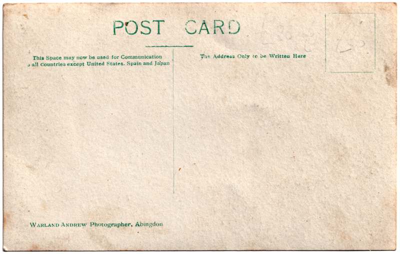 The reverse of an old postcard. The postcard is of Abingdon: Marketplace