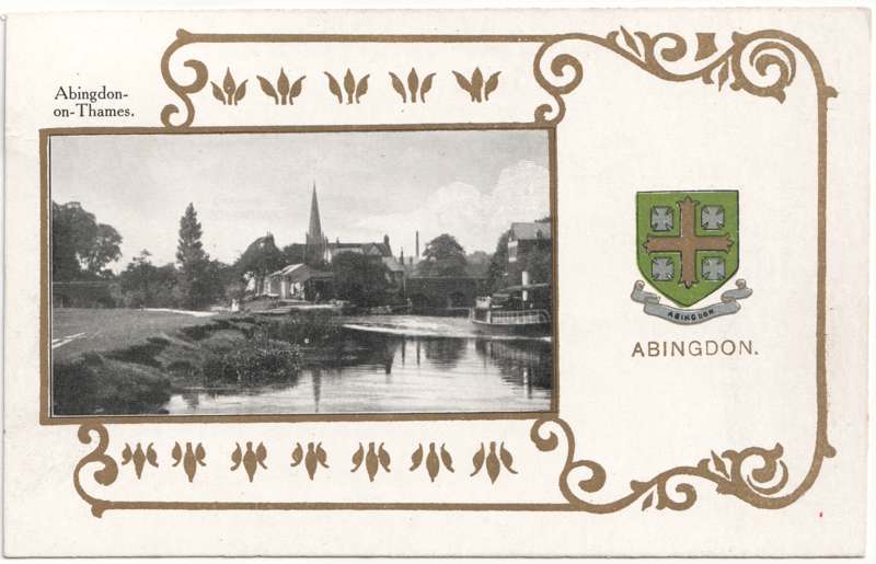 The front of an old postcard. The postcard is of Abingdon: The Bridge