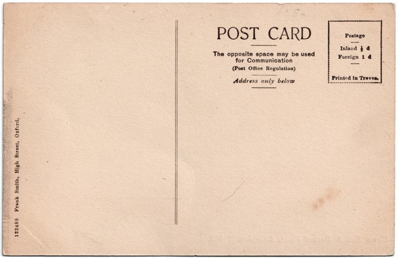 The reverse of an old postcard. The postcard is of Abingdon: Marketplace