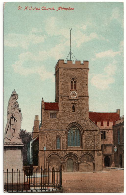 The front of an old postcard. The postcard is of Abingdon: Abbey Gateway