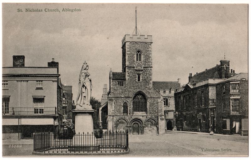 The front of an old postcard. The postcard is of Abingdon: Abbey Gateway