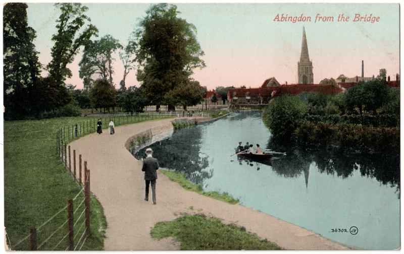 The front of an old postcard. The postcard is of Abingdon: River Thames