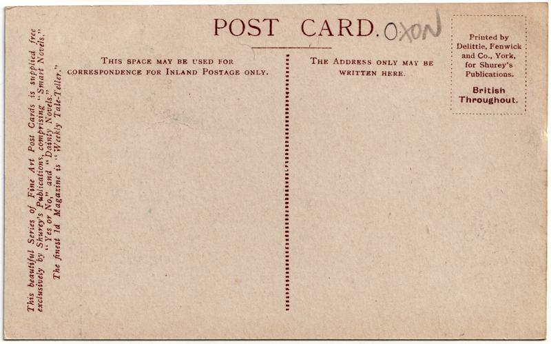 The reverse of an old postcard. The postcard is of Abingdon: Marketplace