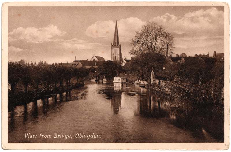 The front of an old postcard. The postcard is of Abingdon: St. Helen's from the Bridge