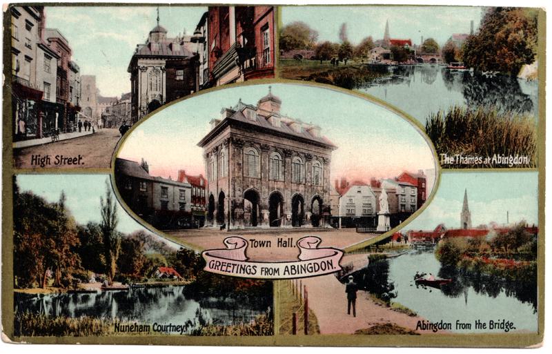 The front of an old postcard. The postcard is of Abingdon: Other local interest