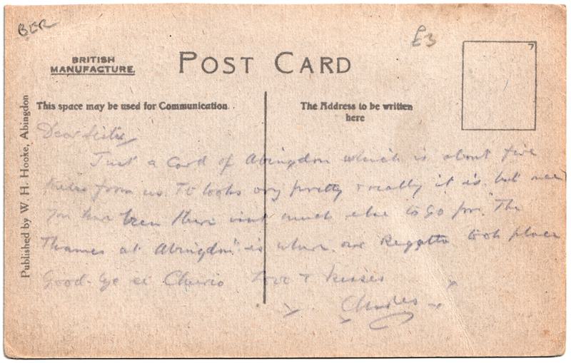 The reverse of an old postcard. The postcard is of Abingdon: Other local interest