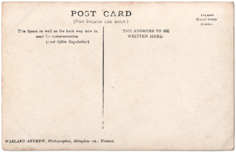 The reverse of an old postcard. The postcard is of Abingdon: St. Helen's Church and the Almshouses