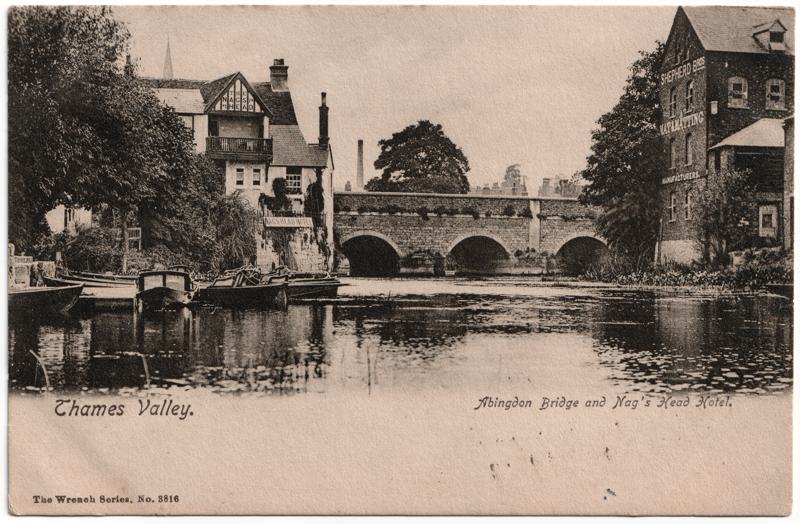 The front of an old postcard. The postcard is of Abingdon: The Bridge